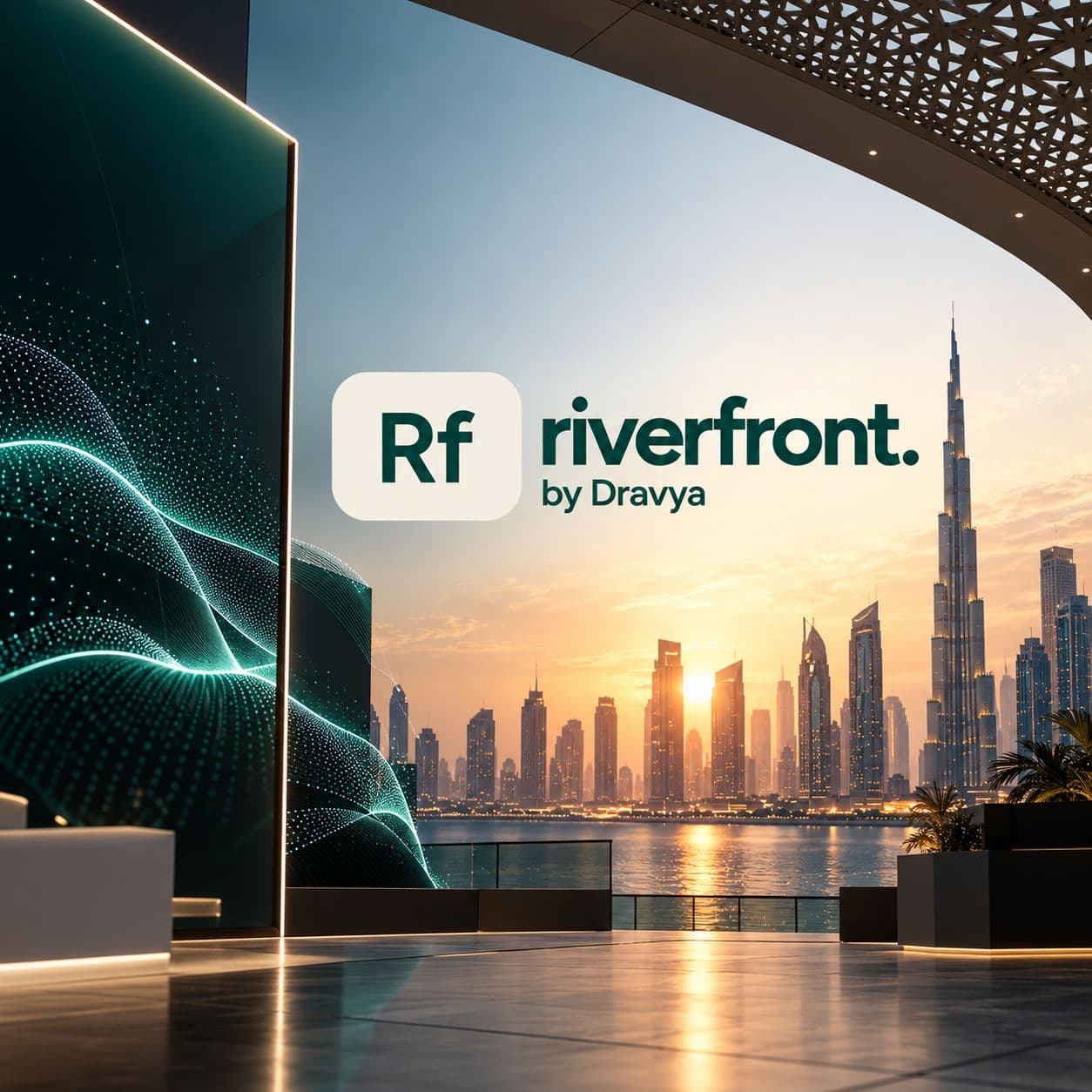 Riverfront stand concept overlooking the Dubai skyline